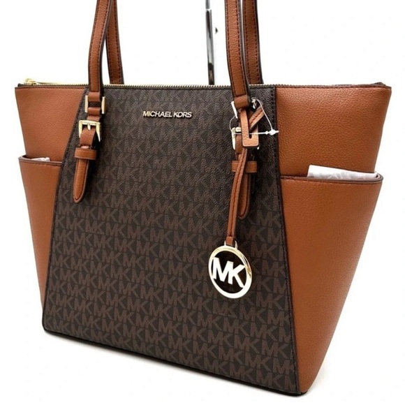 Michael Kors Large Charlotte Tote Bag Luggage Leather Brown - Picture 2 of 12